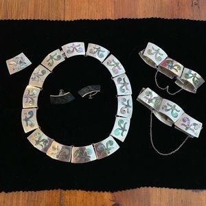 Antique Italian Sterling Silver Abalone Inlay Set